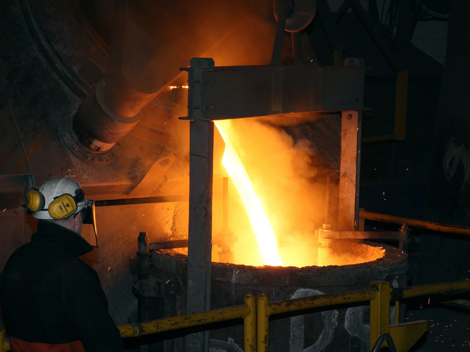 Molten steel pouring into a ladle